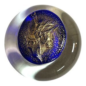 Murano Gold Fleck Disc Handmade Cobalt Blue Art Glass Paperweight 3” Swirl VTG